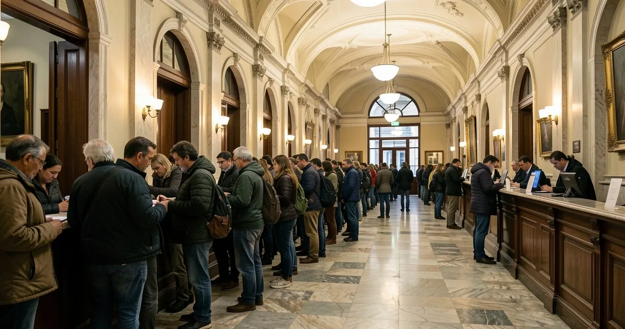 Fila de personas esperando en una sucursal bancaria tradicional en Buenos Aires