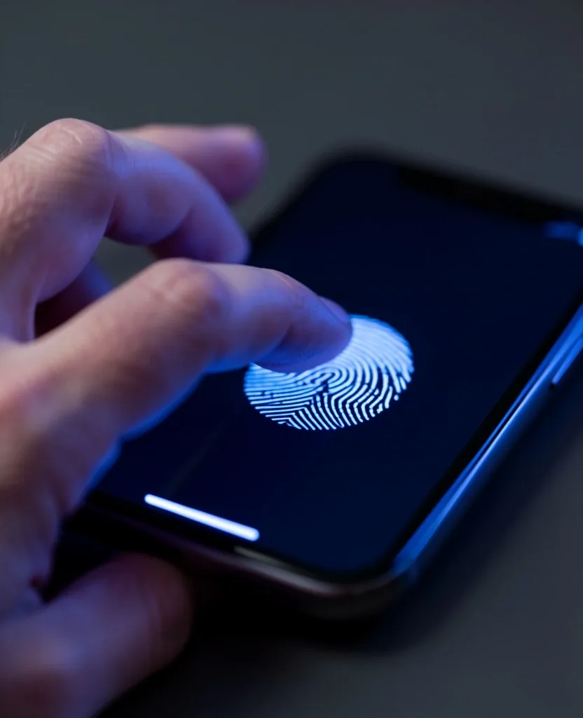 Mano escaneando huella dactilar en un teléfono para acceder a una app bancaria