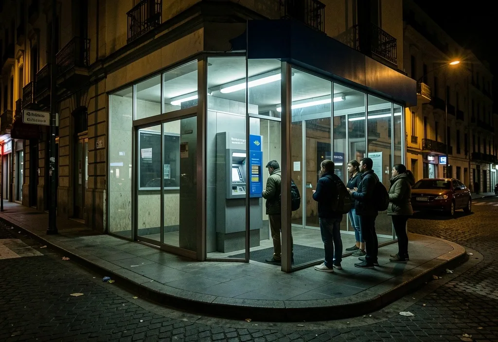 Cajero automático en horario nocturno con personas esperando