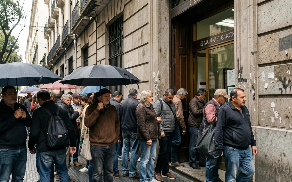 Cola extensa bajo el sol en la entrada de un banco