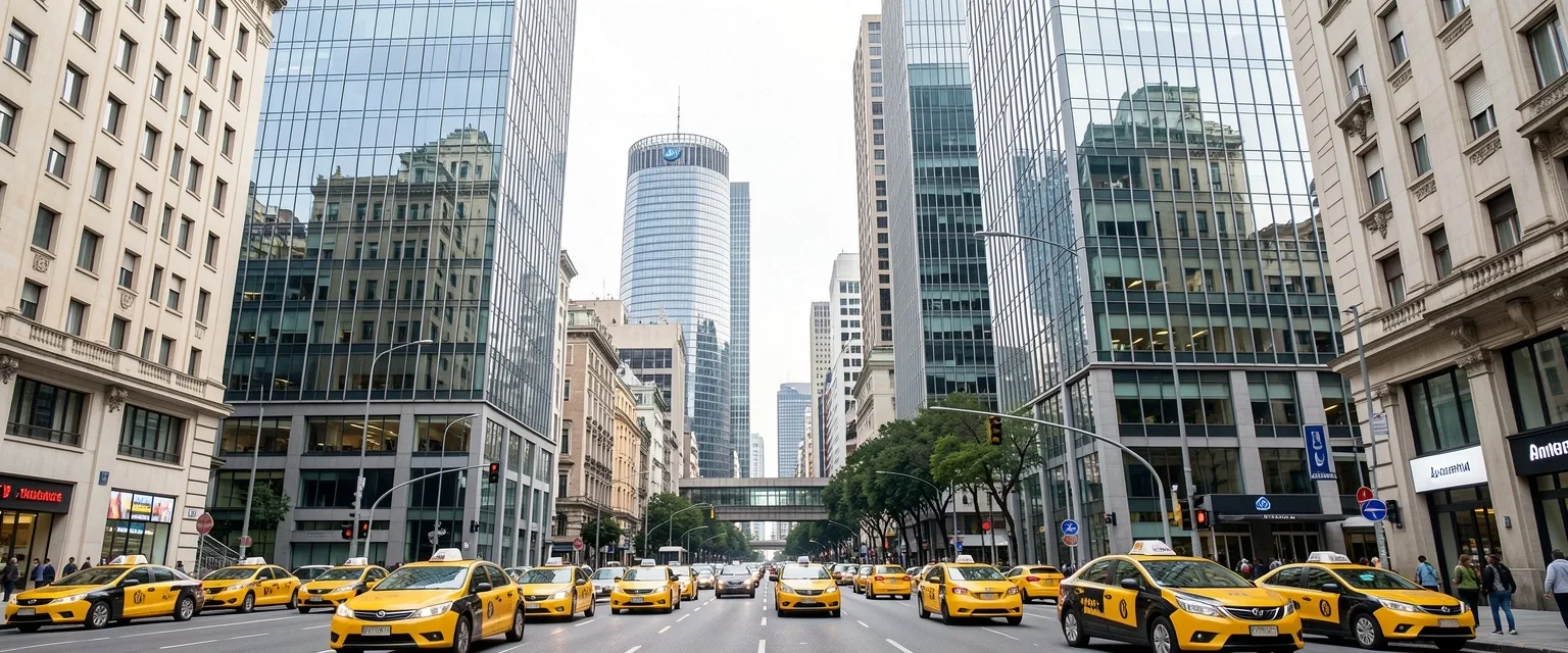 Distrito financiero urbano con tráfico y edificios corporativos