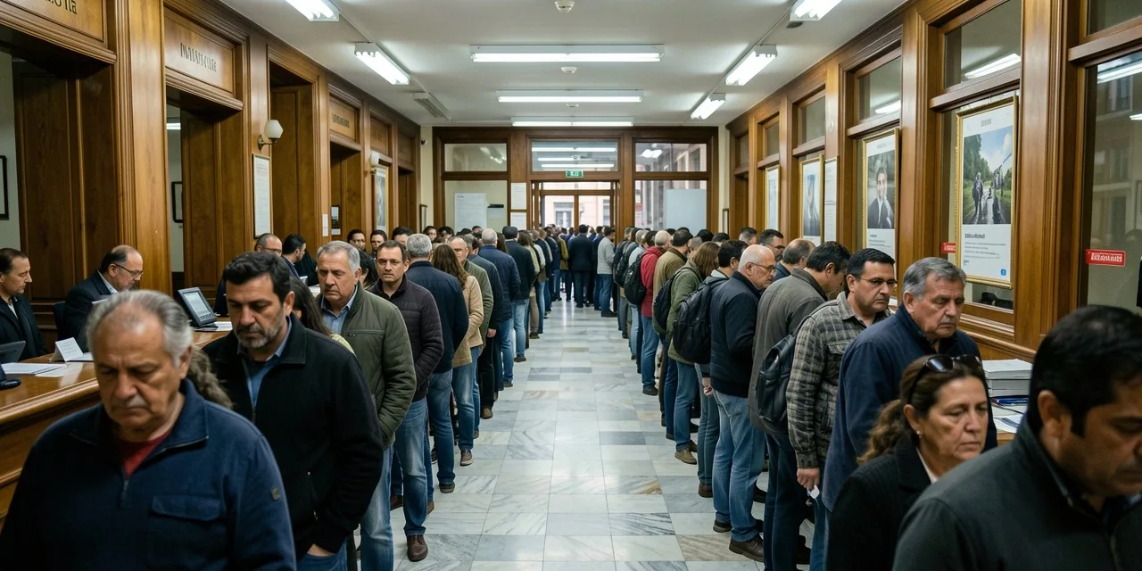 Interior de sucursal bancaria con cola extendida en zigzag