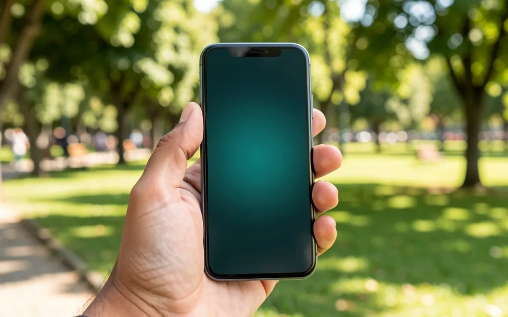 Mano confirmando una transferencia desde un teléfono en un parque