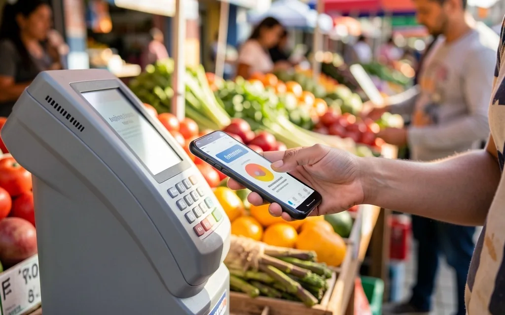 Persona pagando con código QR desde su teléfono en un comercio