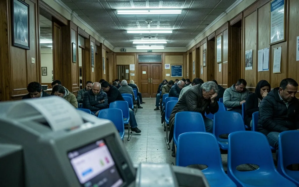 Personas esperando sentadas en un banco tradicional