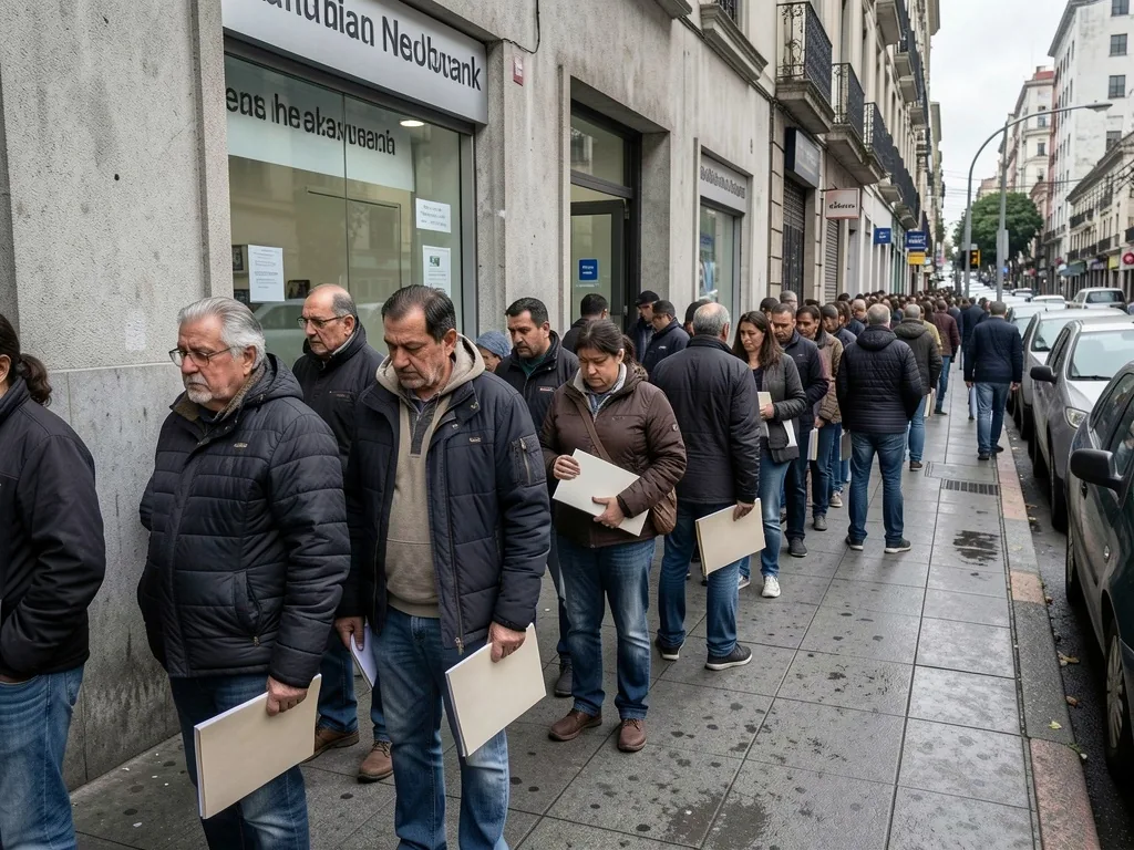 Personas haciendo fila en la puerta de un banco tradicional en Argentina