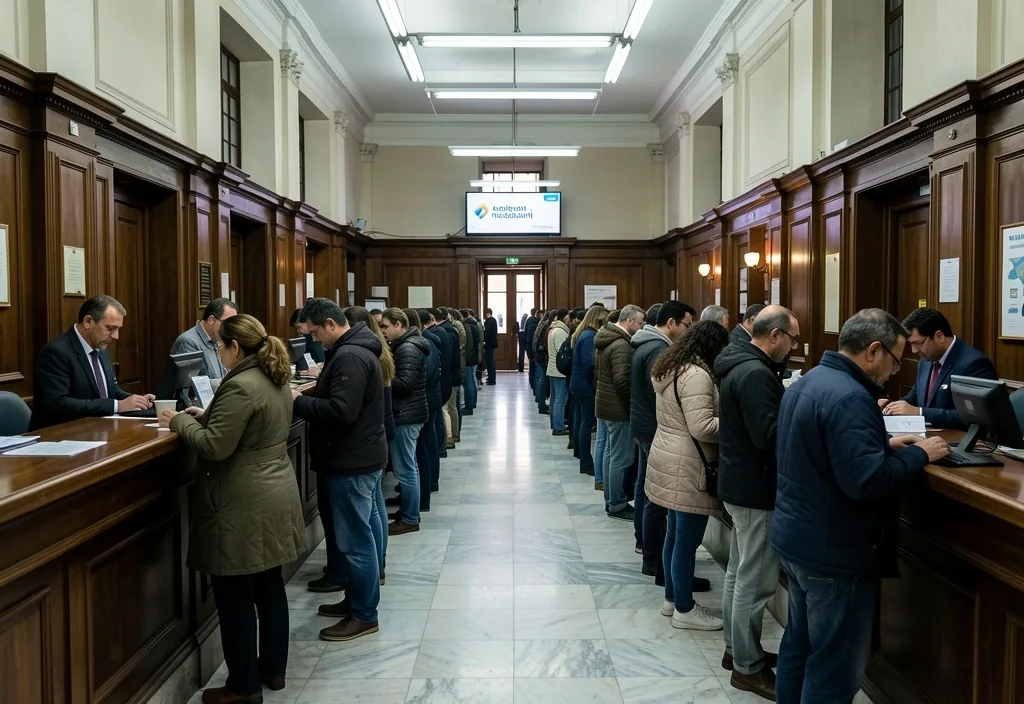 Cola de personas esperando en un banco tradicional de Buenos Aires