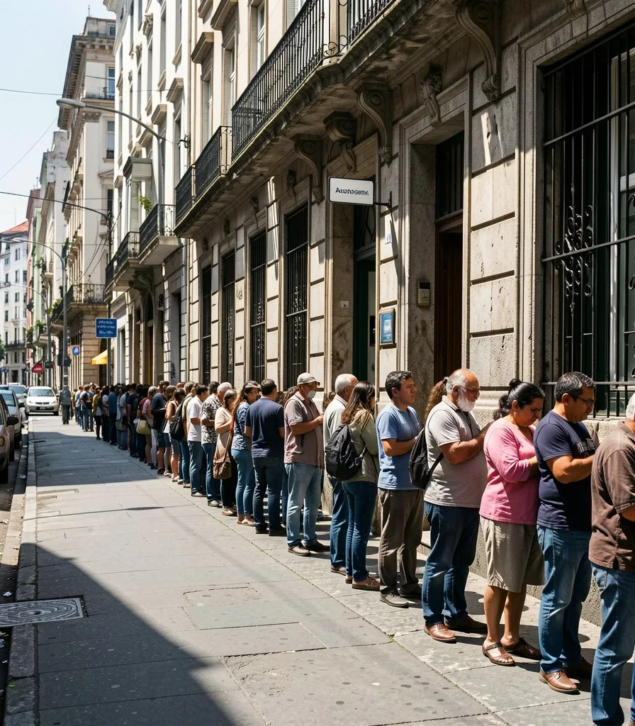 Personas haciendo fila frente a una sucursal bancaria tradicional