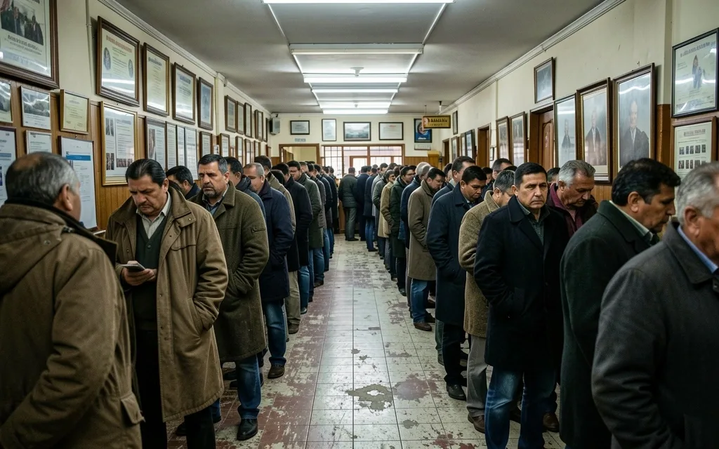 Interior de sucursal bancaria tradicional con cola de espera