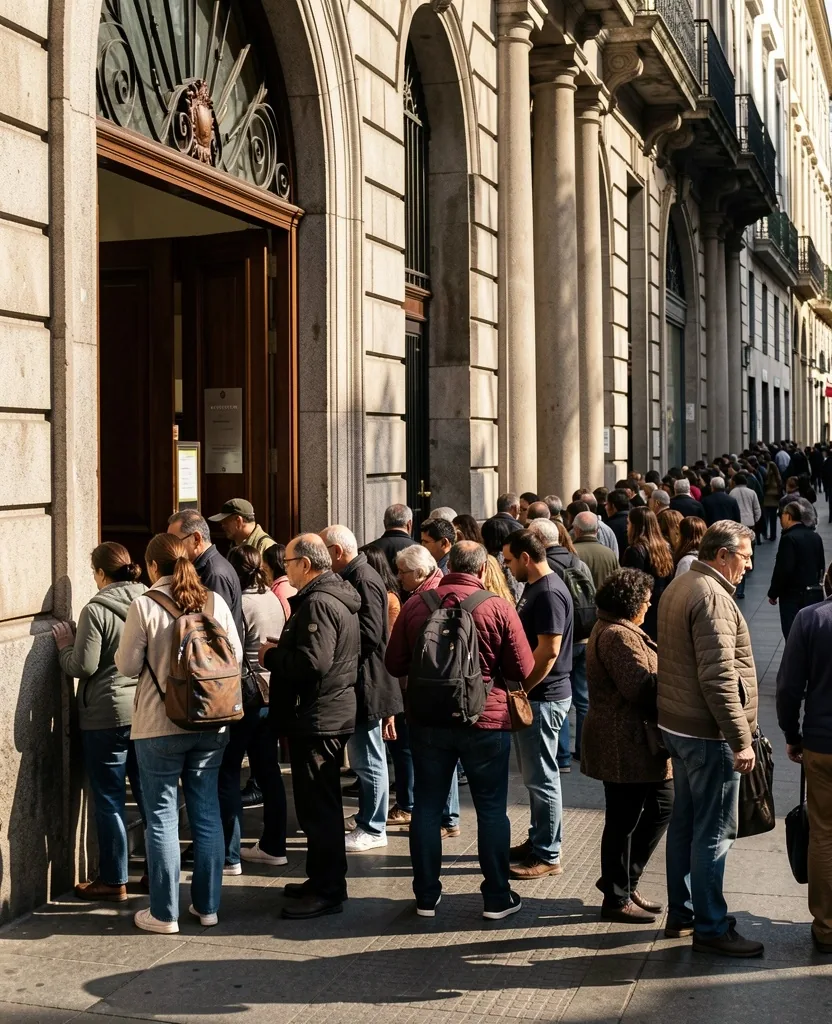 Larga cola frente a una sucursal bancaria tradicional en Buenos Aires