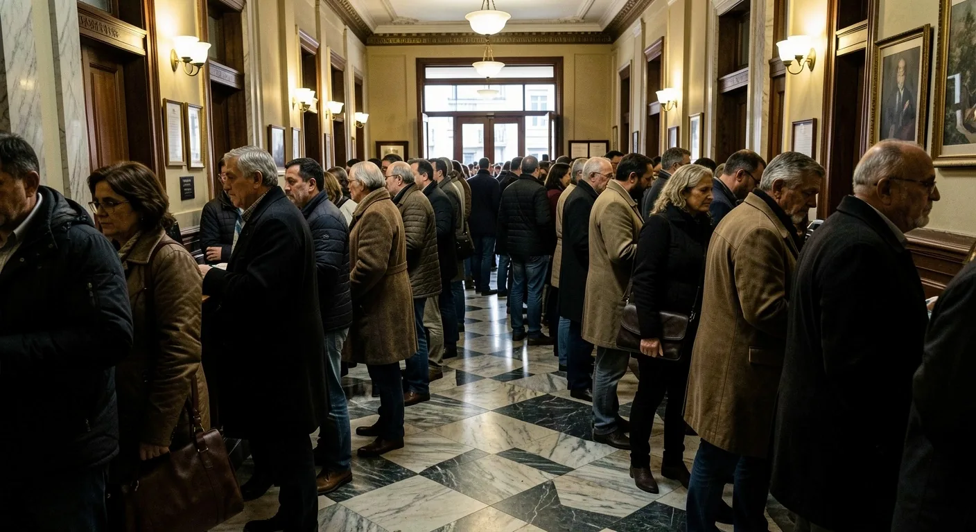 Fila de personas esperando en una sucursal bancaria tradicional en Buenos Aires